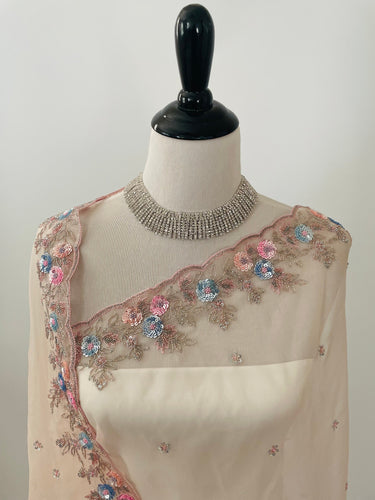 Handmade Premium Organza Saree | Pale Pink | Hand Embroidery | Ships from California
